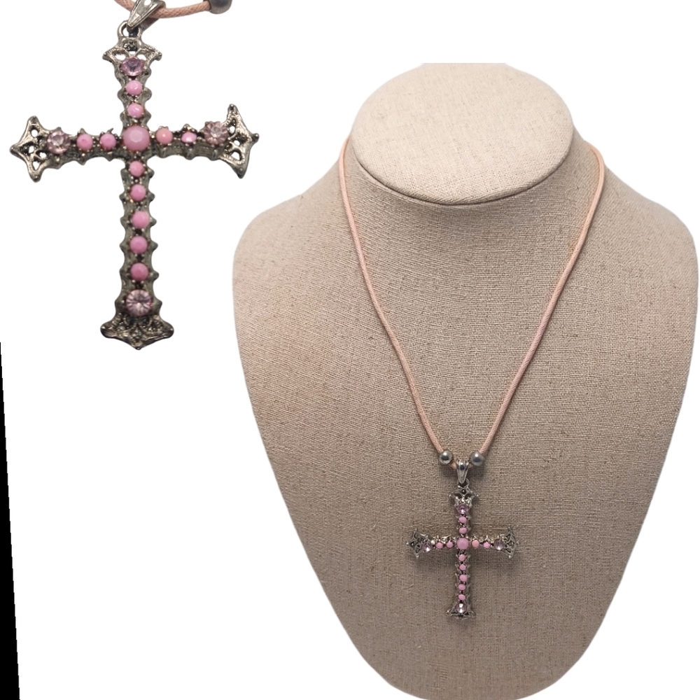 Womens Cross Necklace Pink Cord Goth Y2K Rhinestones Jewelry Renaissance